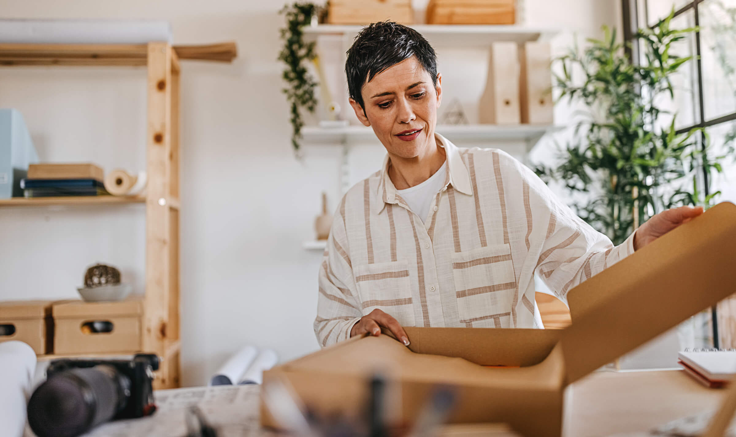 woman opening box at her place of business